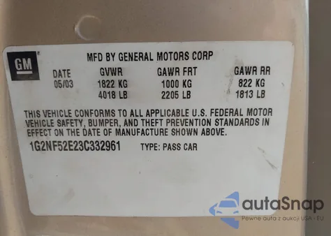 2003 Pontiac Grand Am Se1 z USA, uszkodzony, nr VIN 1G2NF52E23C332961